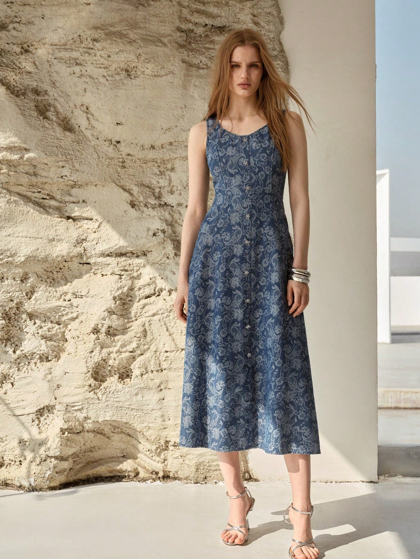 CM-DS007774 Women Elegant Seoul Style Scoop Neck Sleeveless Jacquard Cinched Waist Denim Dress - Blue