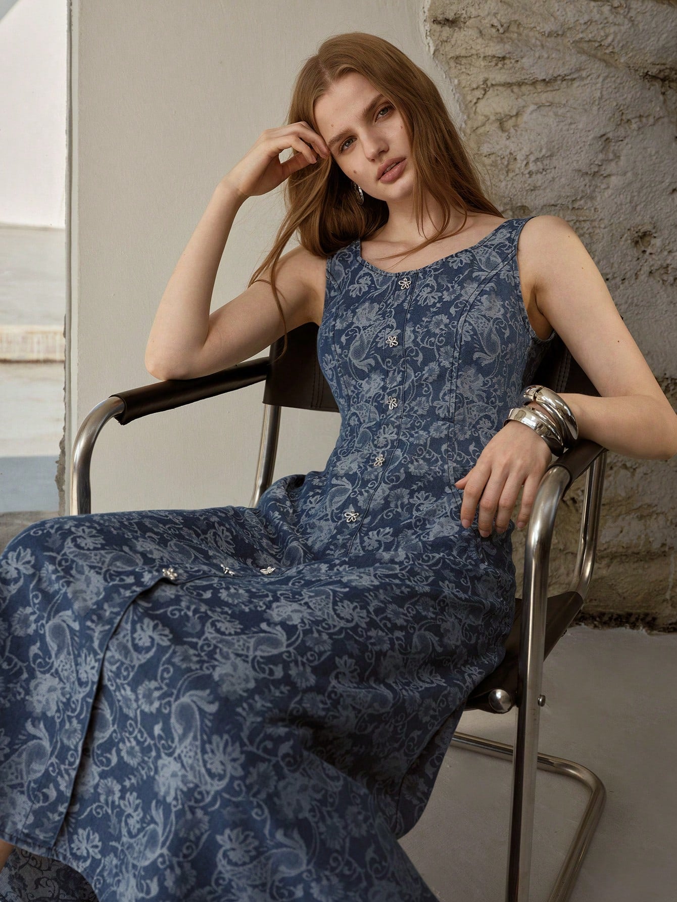 CM-DS007774 Women Elegant Seoul Style Scoop Neck Sleeveless Jacquard Cinched Waist Denim Dress - Blue