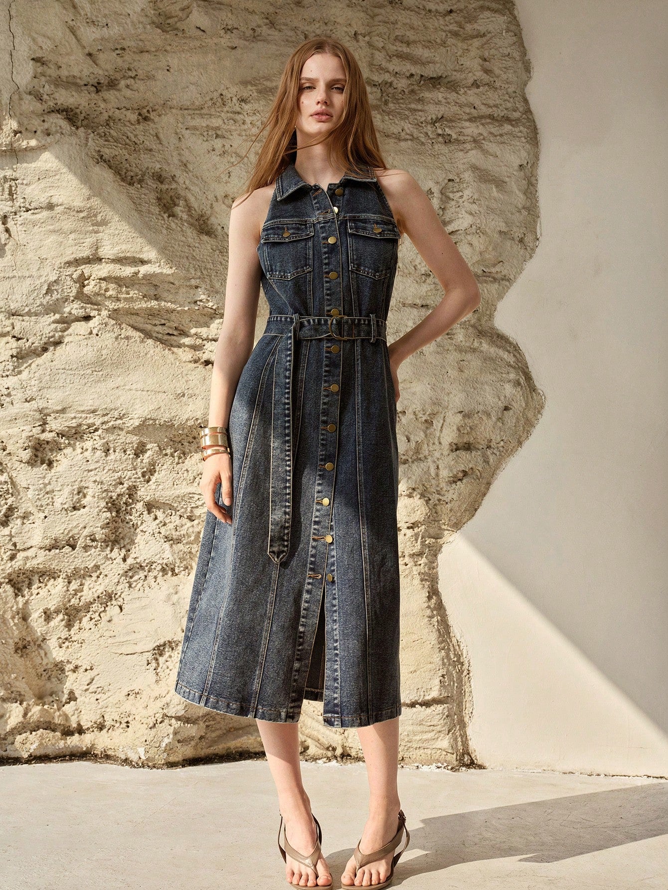 CM-DS891112 Women Elegant Seoul Style Collar Neckline Sleeveless High Waist Belted Denim Dress - Blue