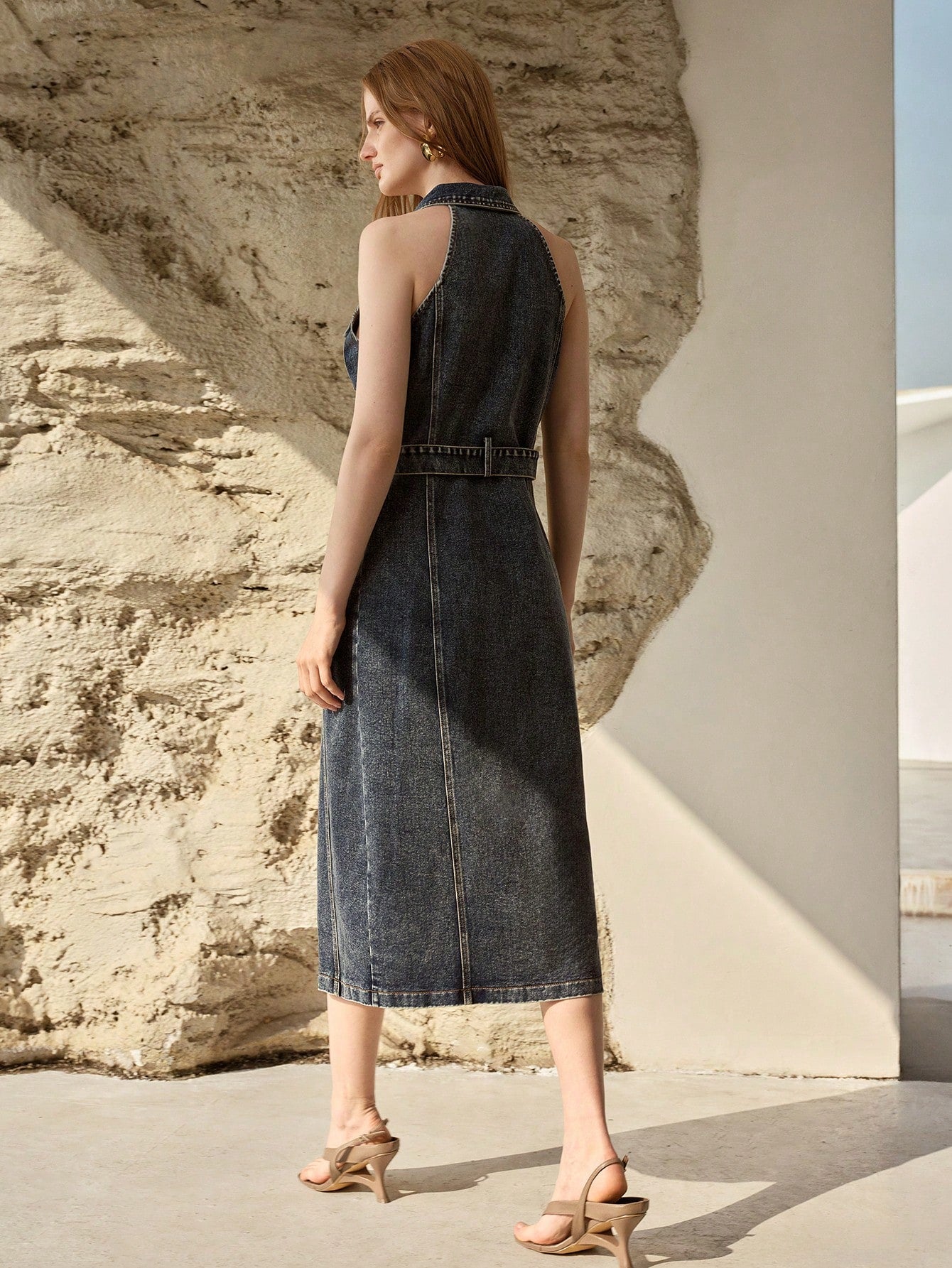 CM-DS891112 Women Elegant Seoul Style Collar Neckline Sleeveless High Waist Belted Denim Dress - Blue