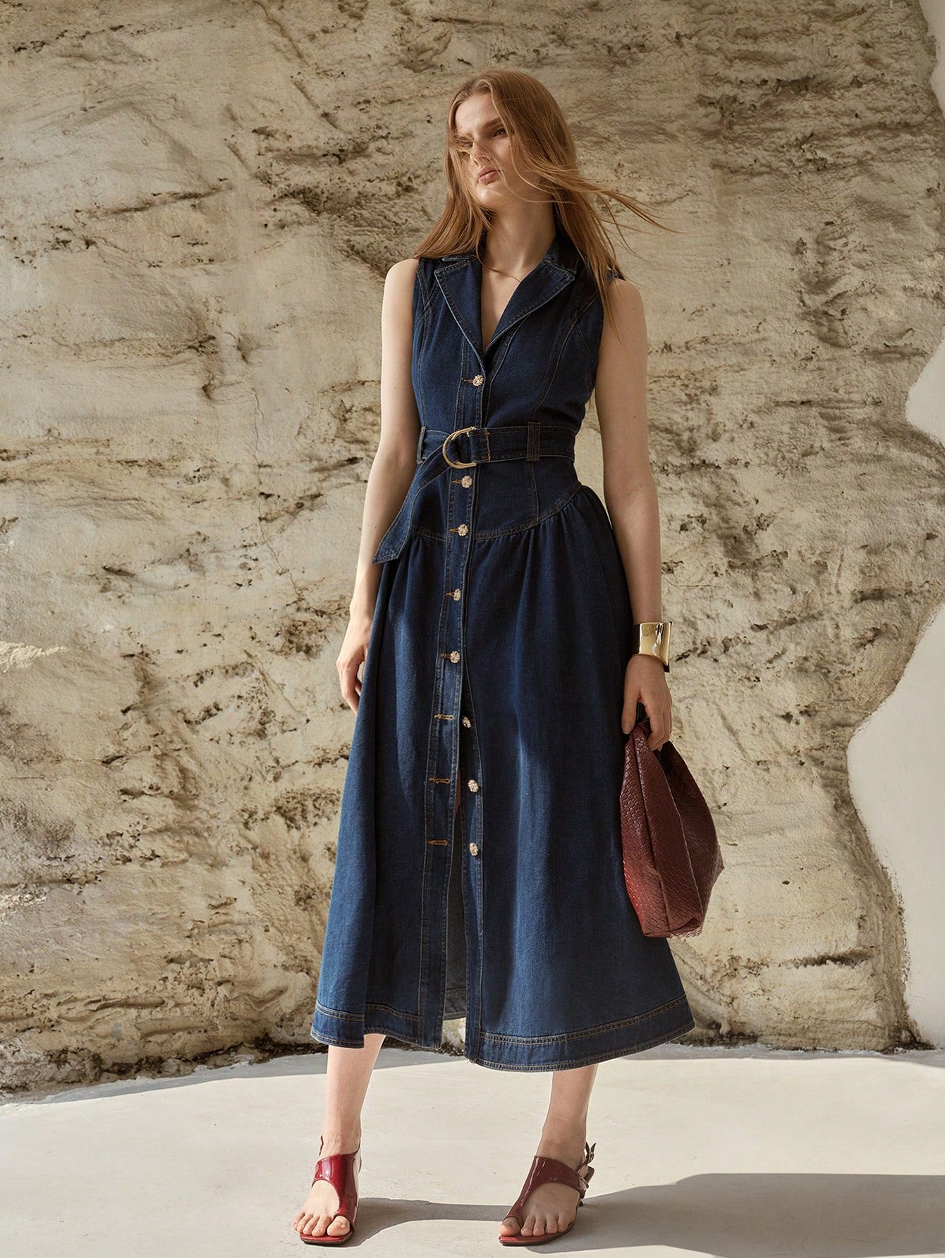 CM-DS554023 Women Elegant Seoul Style Lapel Neckline Sleeveless Buckle Belted Denim Dress - Blue