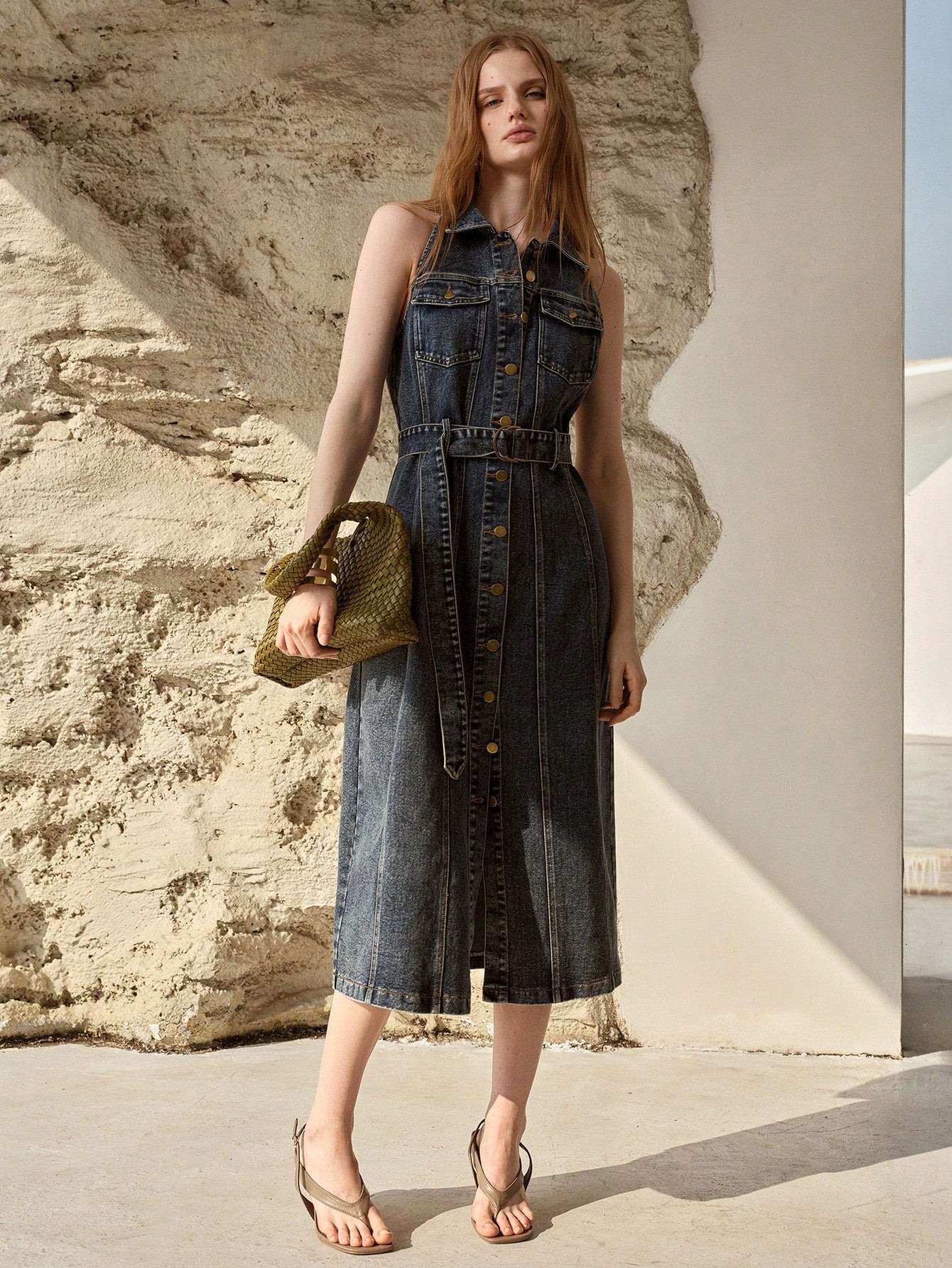 CM-DS891112 Women Elegant Seoul Style Collar Neckline Sleeveless High Waist Belted Denim Dress - Blue