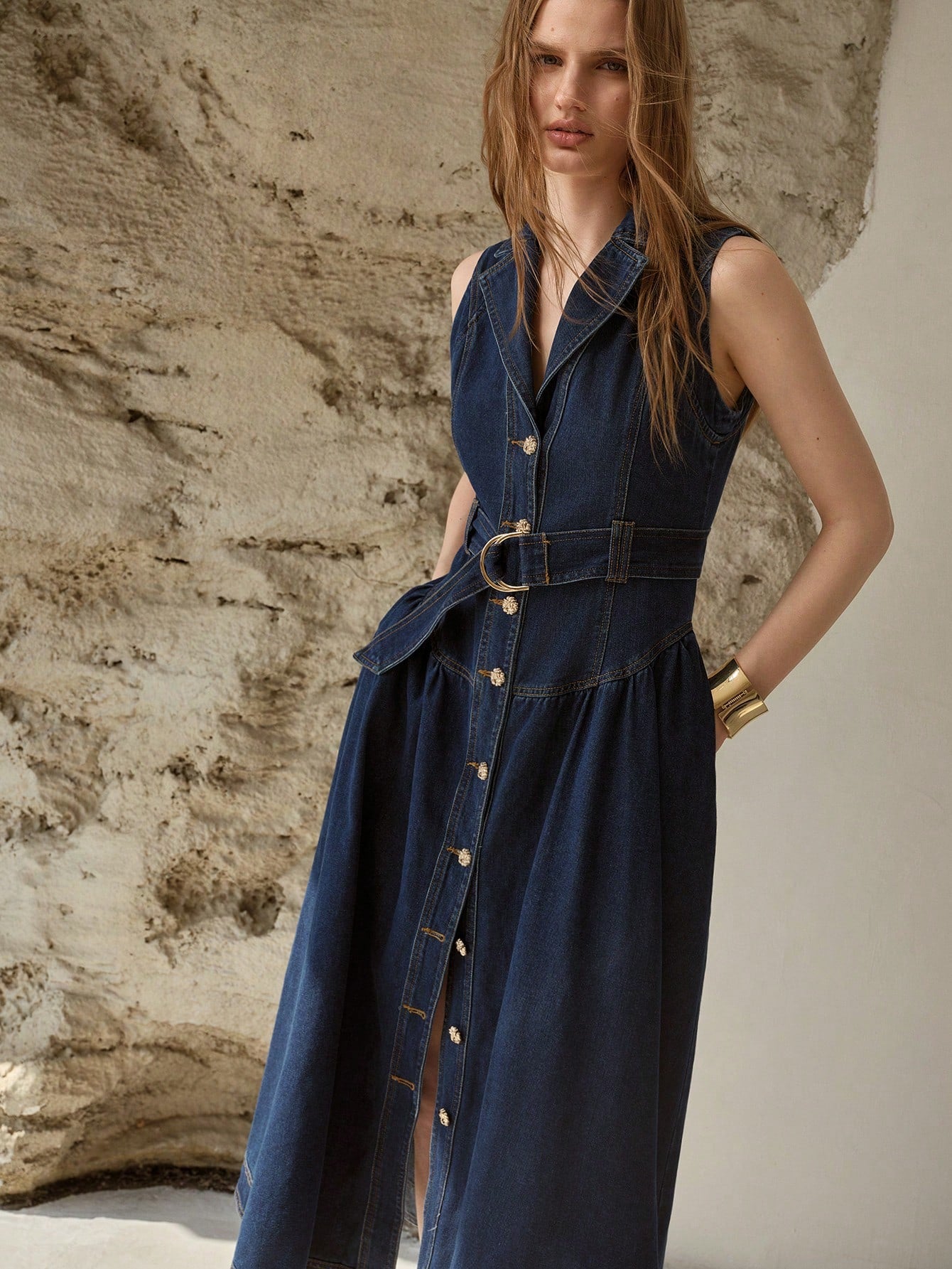 CM-DS554023 Women Elegant Seoul Style Lapel Neckline Sleeveless Buckle Belted Denim Dress - Blue