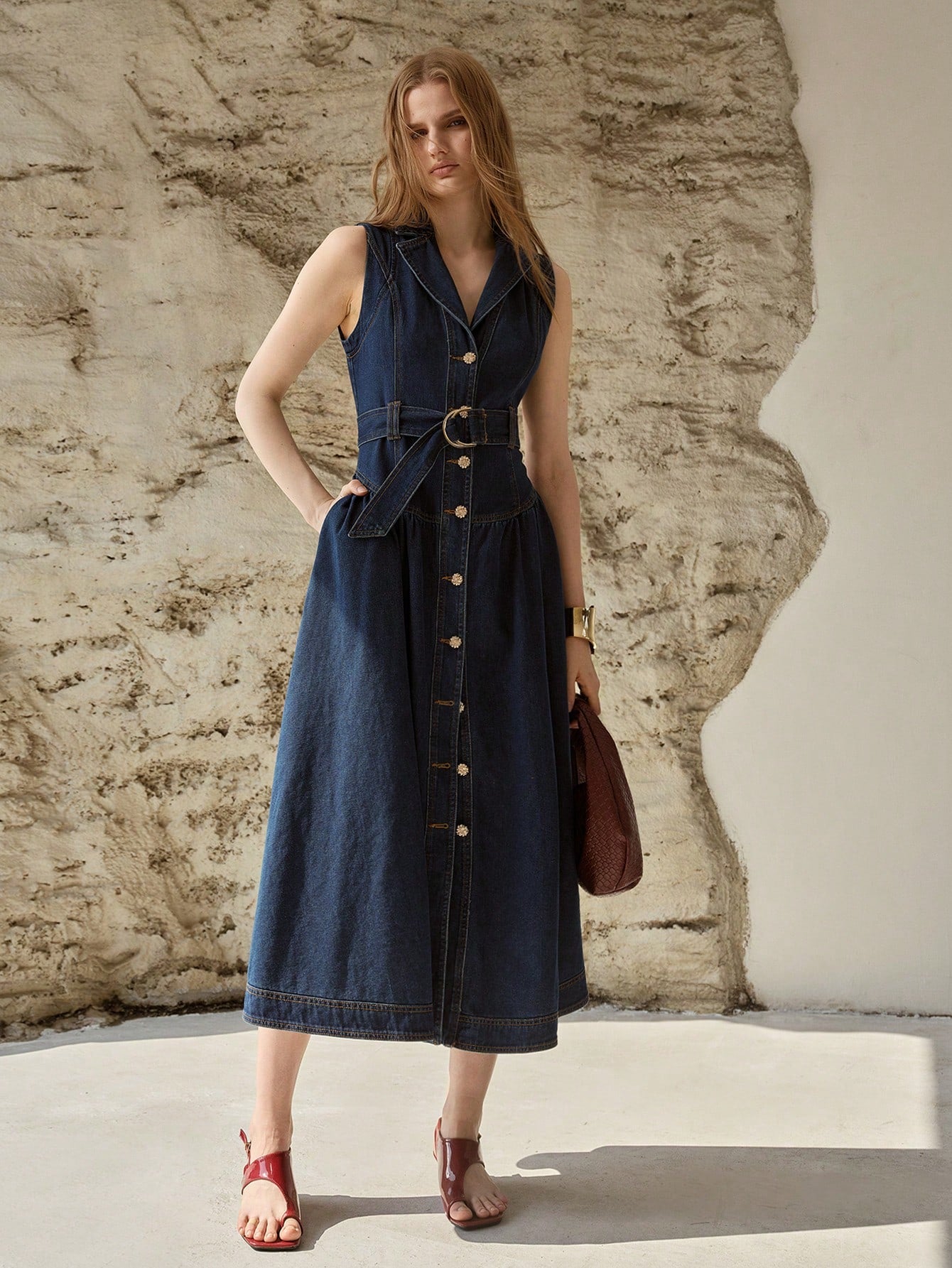 CM-DS554023 Women Elegant Seoul Style Lapel Neckline Sleeveless Buckle Belted Denim Dress - Blue