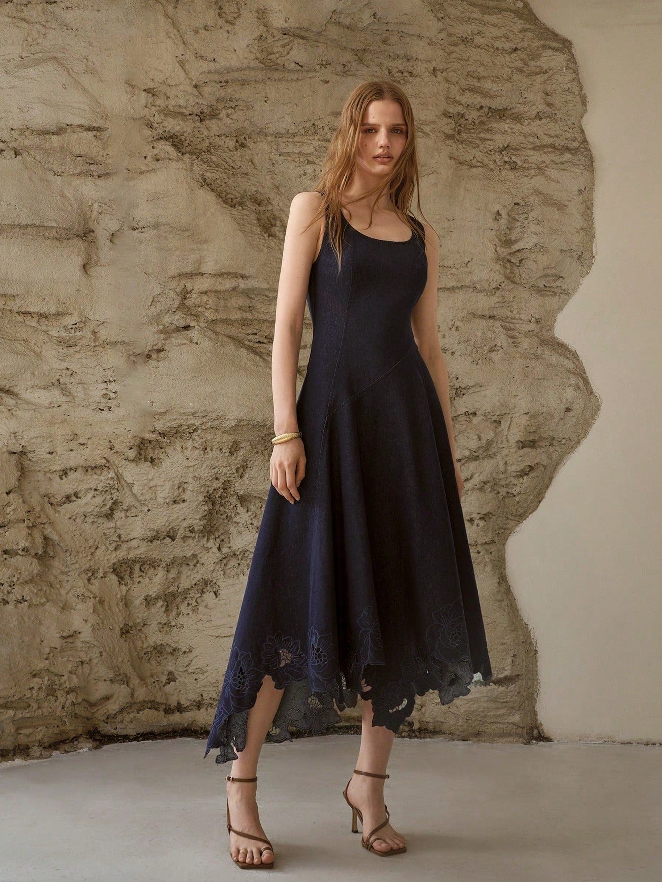 CM-DS041399 Women Elegant Seoul Style Asymmetric A-Line Hollow Out Embroidered Denim Dress - Navy Blue