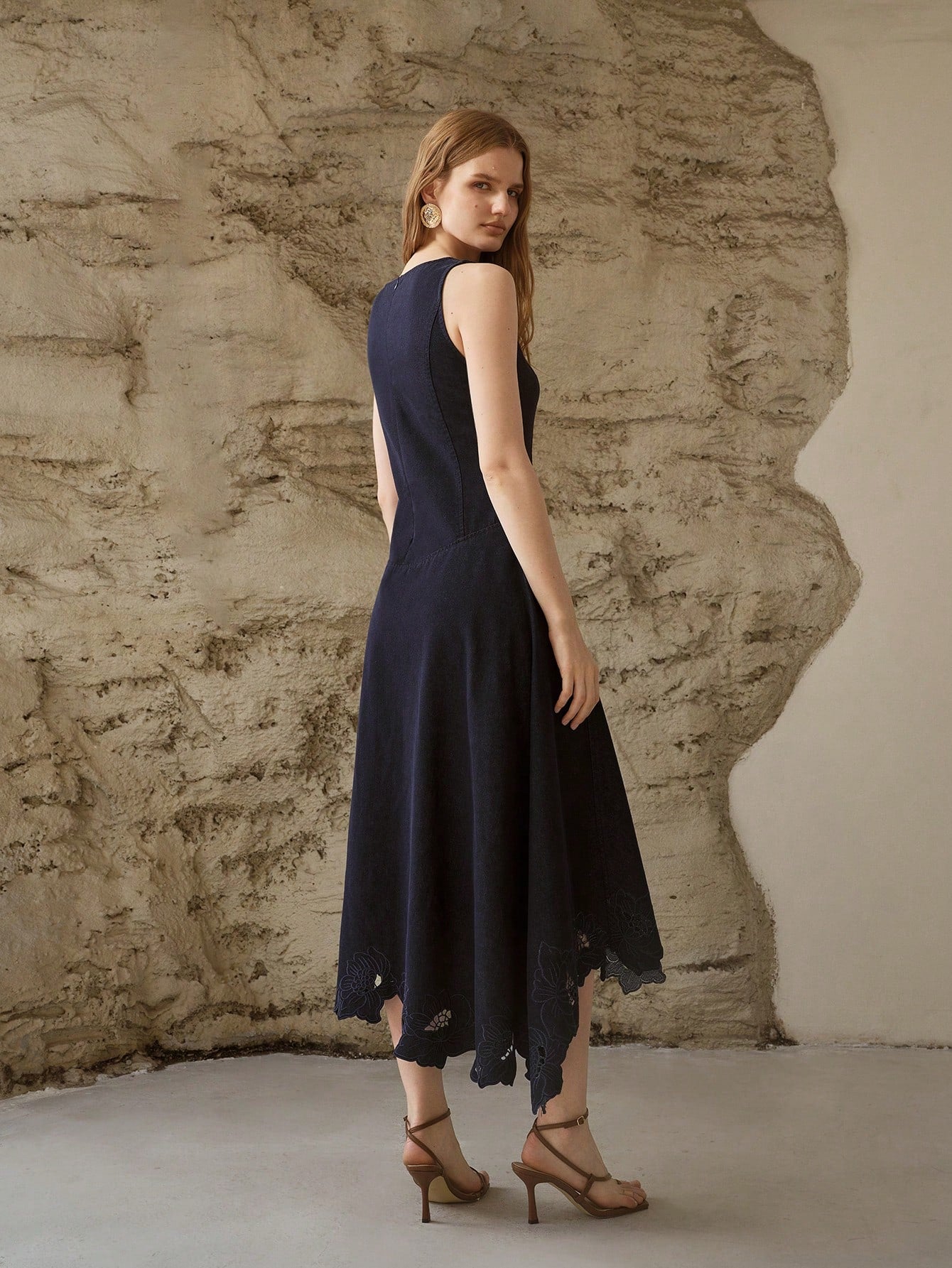 CM-DS041399 Women Elegant Seoul Style Asymmetric A-Line Hollow Out Embroidered Denim Dress - Navy Blue