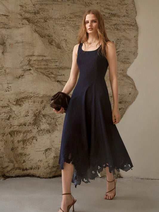 CM-DS041399 Women Elegant Seoul Style Asymmetric A-Line Hollow Out Embroidered Denim Dress - Navy Blue