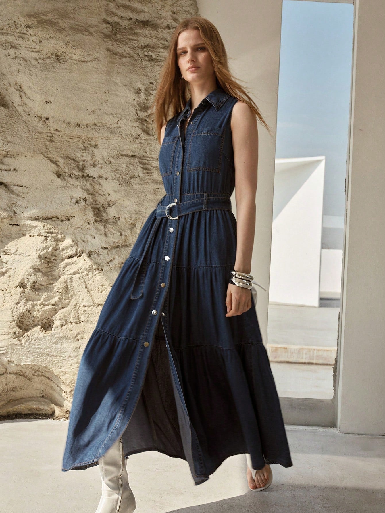 CM-DS768888 Women Elegant Seoul Style Medium Wash Collar Neckline Sleeveless Belted Denim Dress