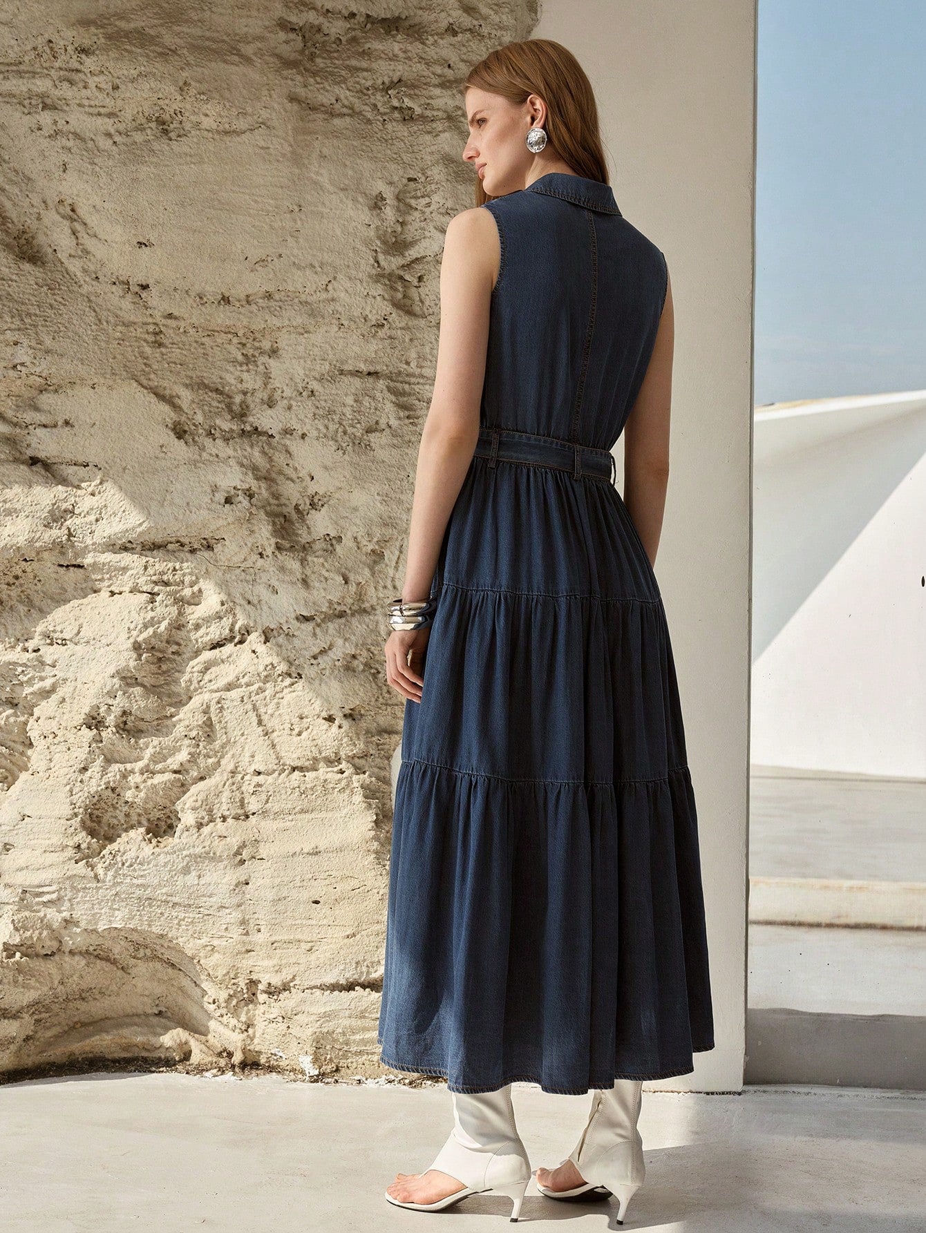 CM-DS768888 Women Elegant Seoul Style Medium Wash Collar Neckline Sleeveless Belted Denim Dress