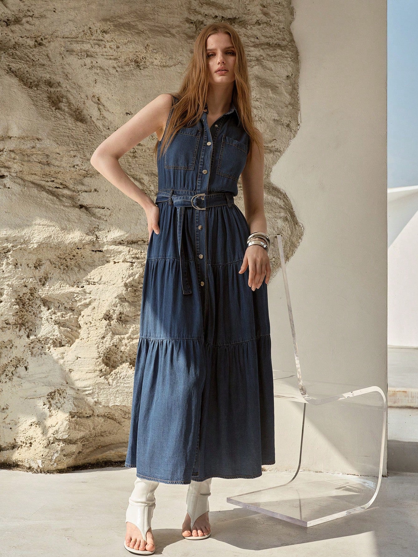 CM-DS768888 Women Elegant Seoul Style Medium Wash Collar Neckline Sleeveless Belted Denim Dress