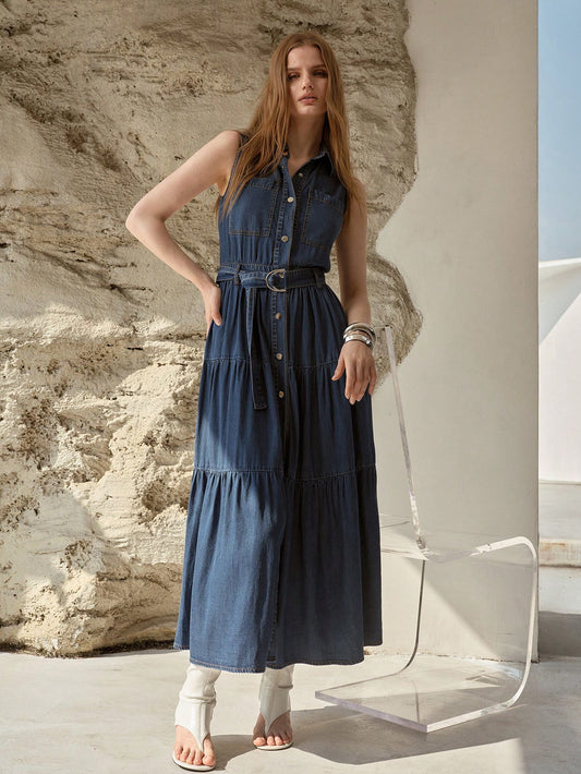 CM-DS768888 Women Elegant Seoul Style Medium Wash Collar Neckline Sleeveless Belted Denim Dress