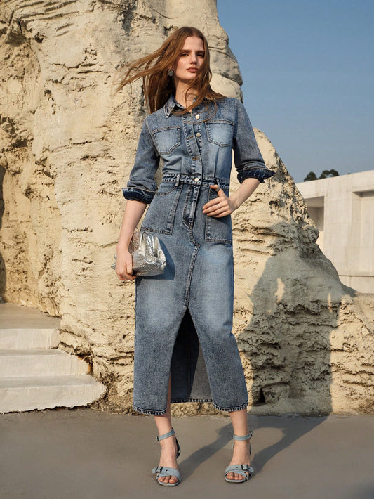 CM-DS766617 Women Elegant Seoul Style Medium Wash Collar Neckline Long Sleeve High Waist Denim Dress