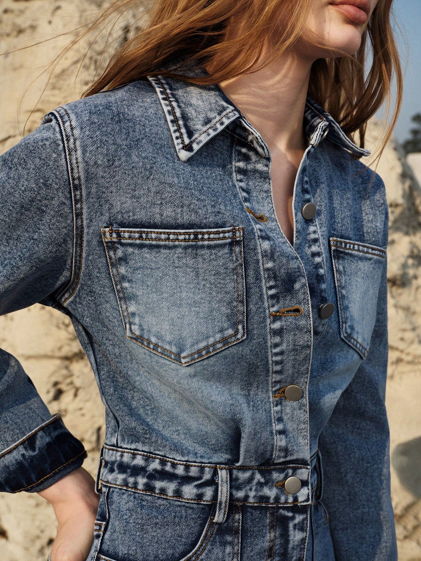 CM-DS766617 Women Elegant Seoul Style Medium Wash Collar Neckline Long Sleeve High Waist Denim Dress