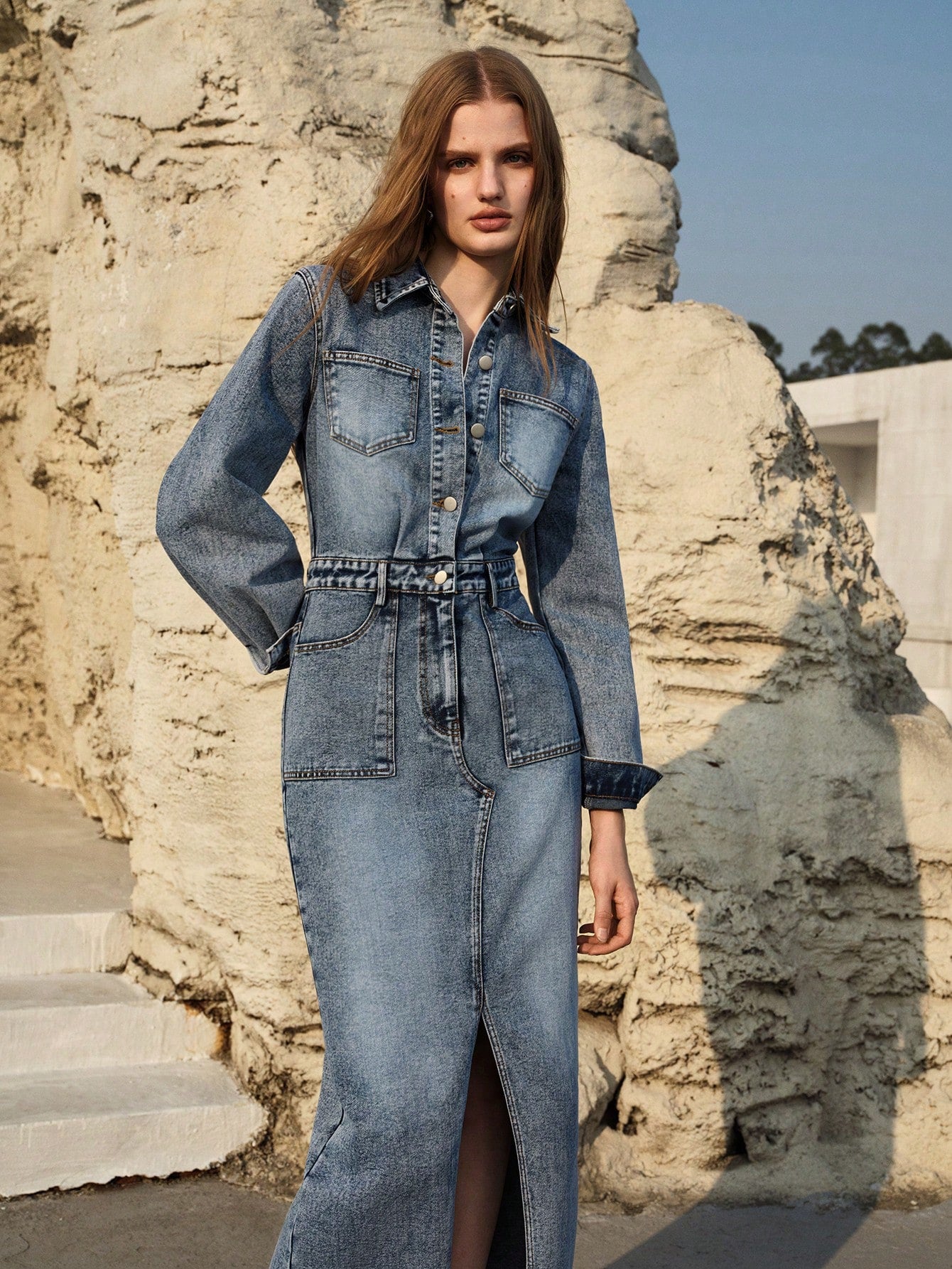 CM-DS766617 Women Elegant Seoul Style Medium Wash Collar Neckline Long Sleeve High Waist Denim Dress