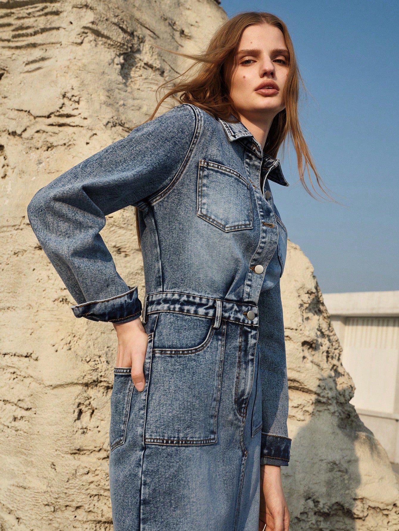 CM-DS766617 Women Elegant Seoul Style Medium Wash Collar Neckline Long Sleeve High Waist Denim Dress