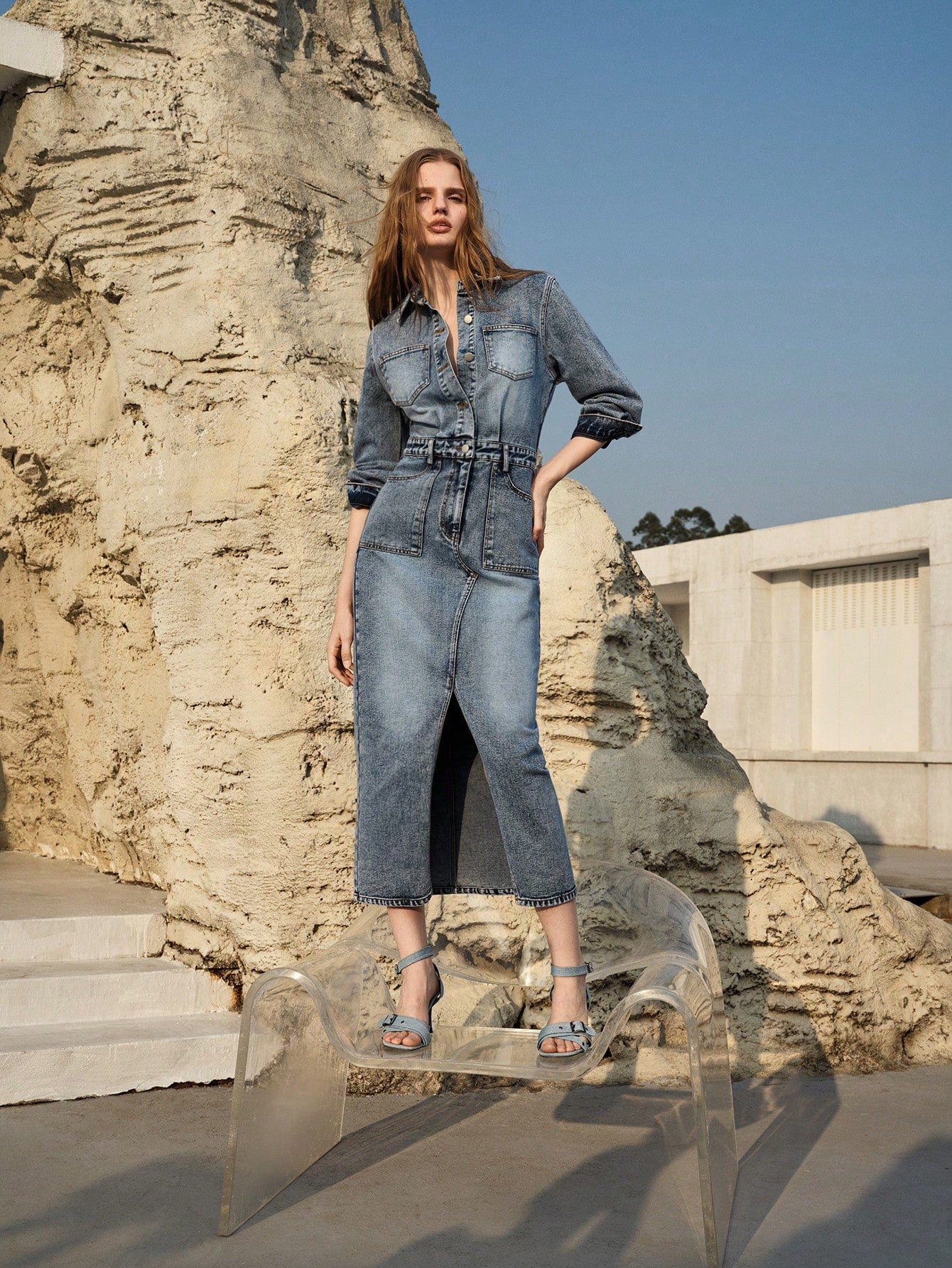 CM-DS766617 Women Elegant Seoul Style Medium Wash Collar Neckline Long Sleeve High Waist Denim Dress