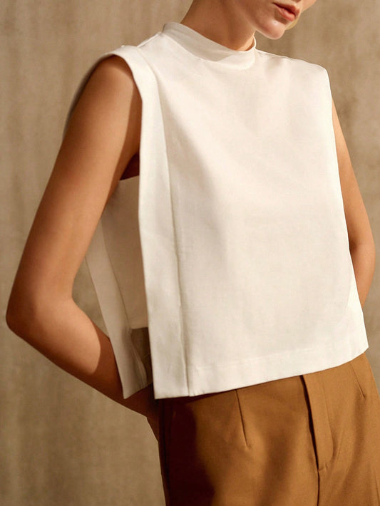 CM-TS545034 Women Elegant European Style Stand Collar Sleeveless Knit Tank Top - White