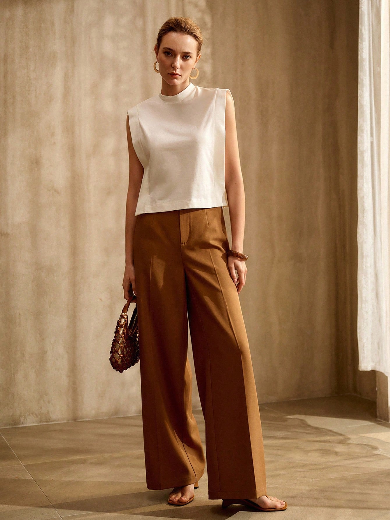 CM-TS545034 Women Elegant European Style Stand Collar Sleeveless Knit Tank Top - White