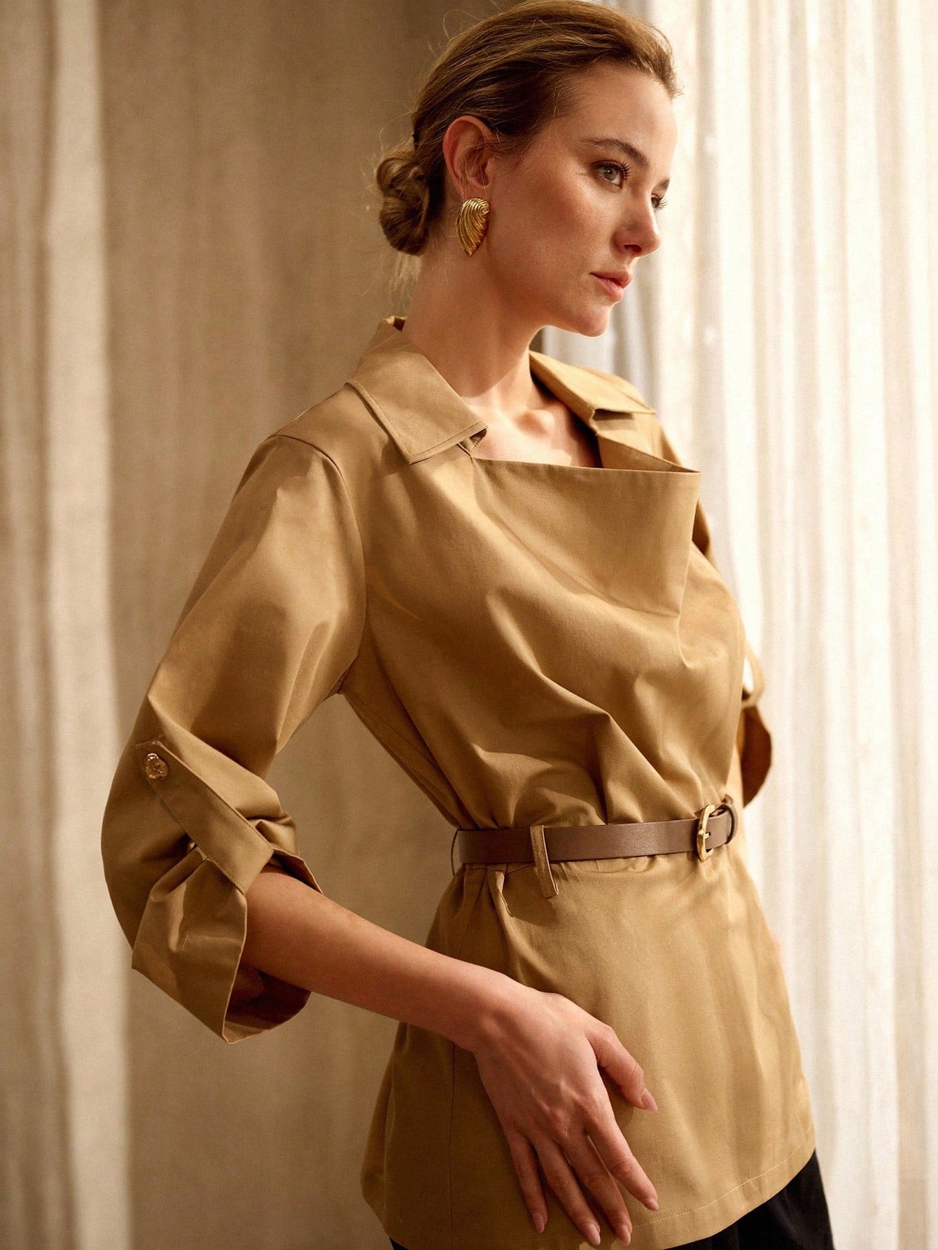 CM-TS832332 Women Elegant Seoul Style Stand Collar Roll Up 3/4 Sleeve Loose Belted Shirt - Khaki