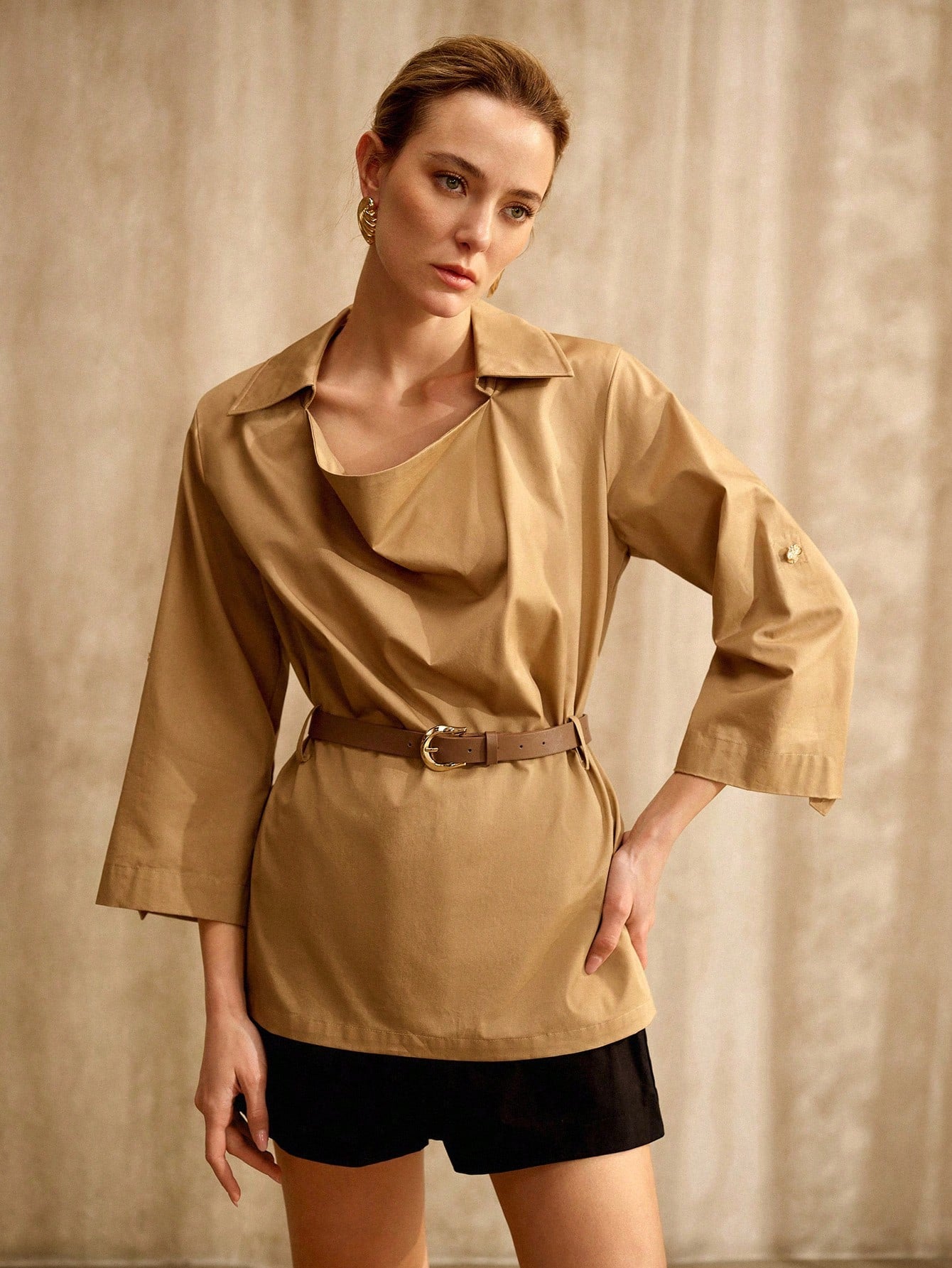 CM-TS832332 Women Elegant Seoul Style Stand Collar Roll Up 3/4 Sleeve Loose Belted Shirt - Khaki
