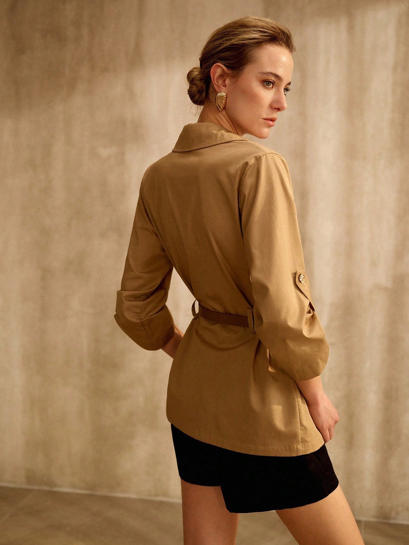 CM-TS832332 Women Elegant Seoul Style Stand Collar Roll Up 3/4 Sleeve Loose Belted Shirt - Khaki