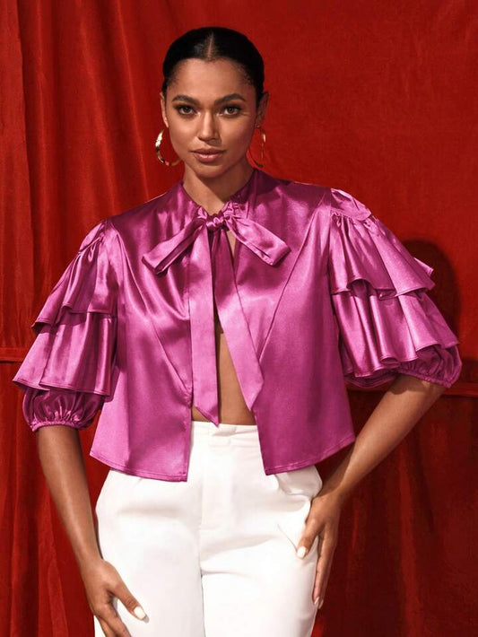 CM-TS176433 Women Casual Seoul Style Tie Neck Short Sleeve Ruffle Bolero Blouse - Hot Pink