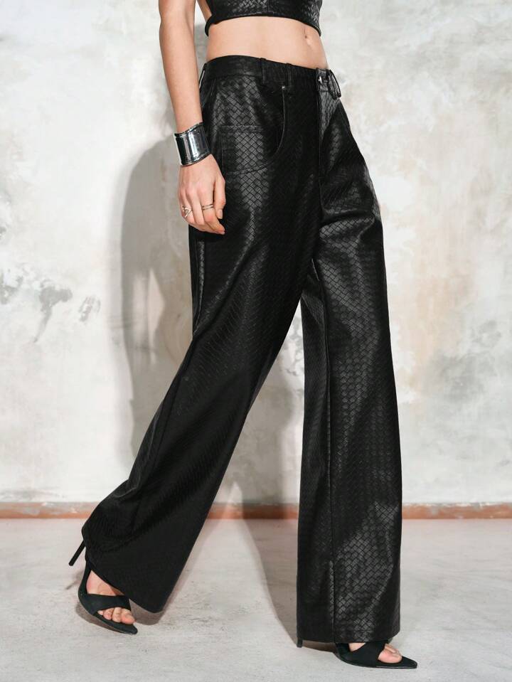 CM-BS364653 Women Elegant Seoul Style Elastic Waist Plaid Weave Versatile Faux Leather Pants - Black