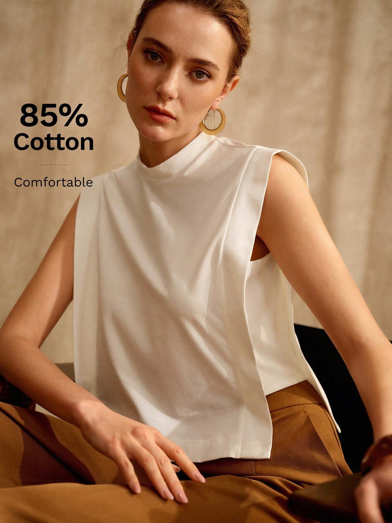 CM-TS545034 Women Elegant European Style Stand Collar Sleeveless Knit Tank Top - White