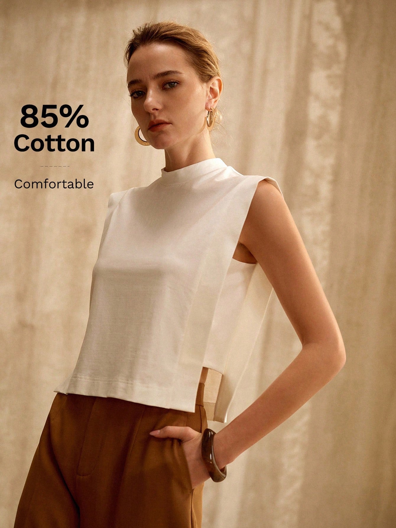 CM-TS545034 Women Elegant European Style Stand Collar Sleeveless Knit Tank Top - White