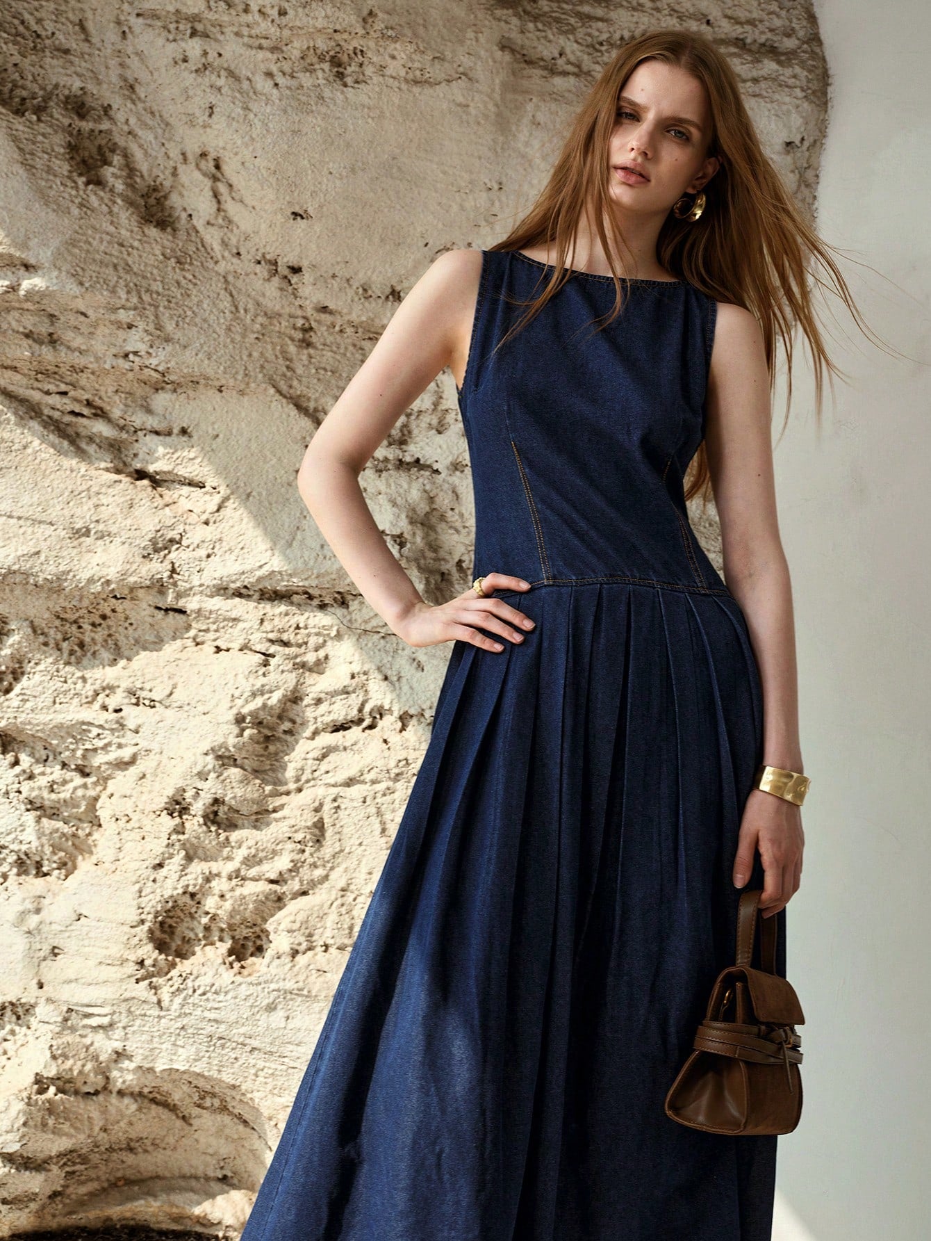 CM-DS113511 Women Elegant Seoul Style Medium Wash Round Neck Sleeveless Flared Maxi Denim Dress
