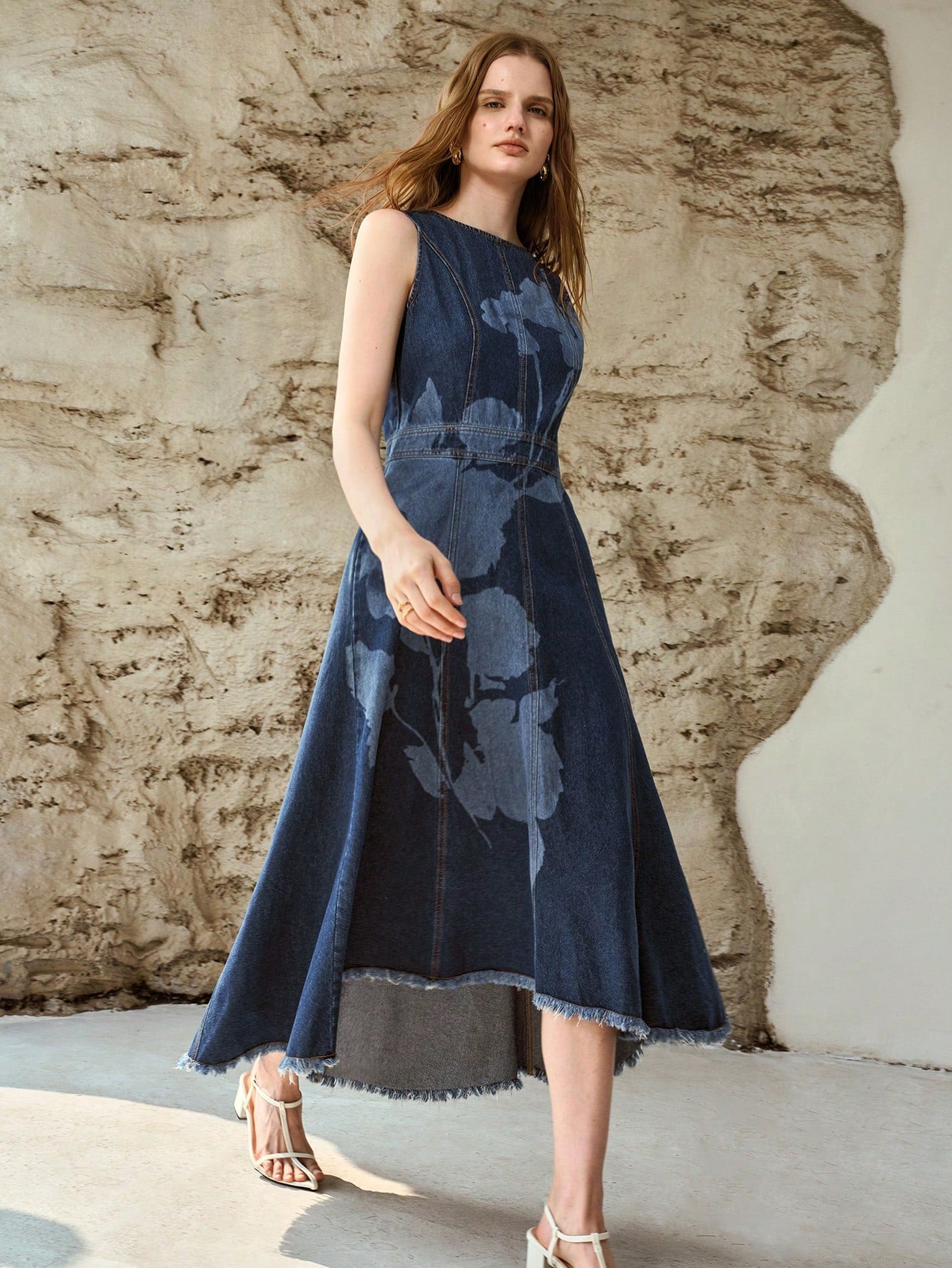 CM-DS423821 Women Elegant Seoul Style Round Neck Sleeveless Asymmetric Hem Floral Print Denim Dress