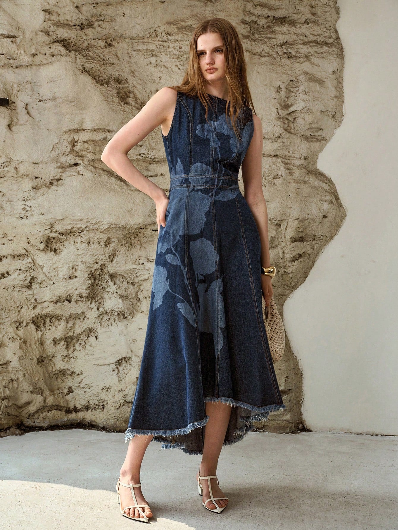 CM-DS423821 Women Elegant Seoul Style Round Neck Sleeveless Asymmetric Hem Floral Print Denim Dress