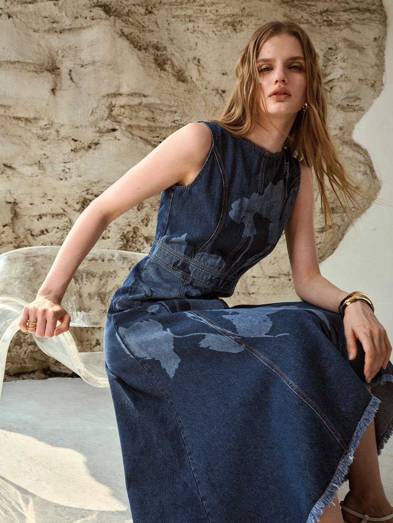 CM-DS423821 Women Elegant Seoul Style Round Neck Sleeveless Asymmetric Hem Floral Print Denim Dress