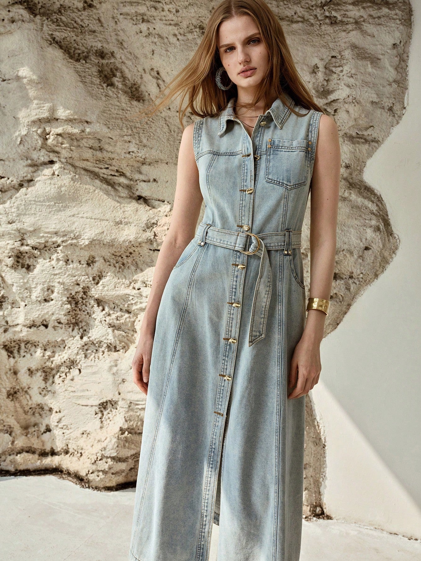 CM-DS453653 Women Elegant Seoul Style Collar Neckline Sleeveless Single-Breasted Belted Waist Denim Dress