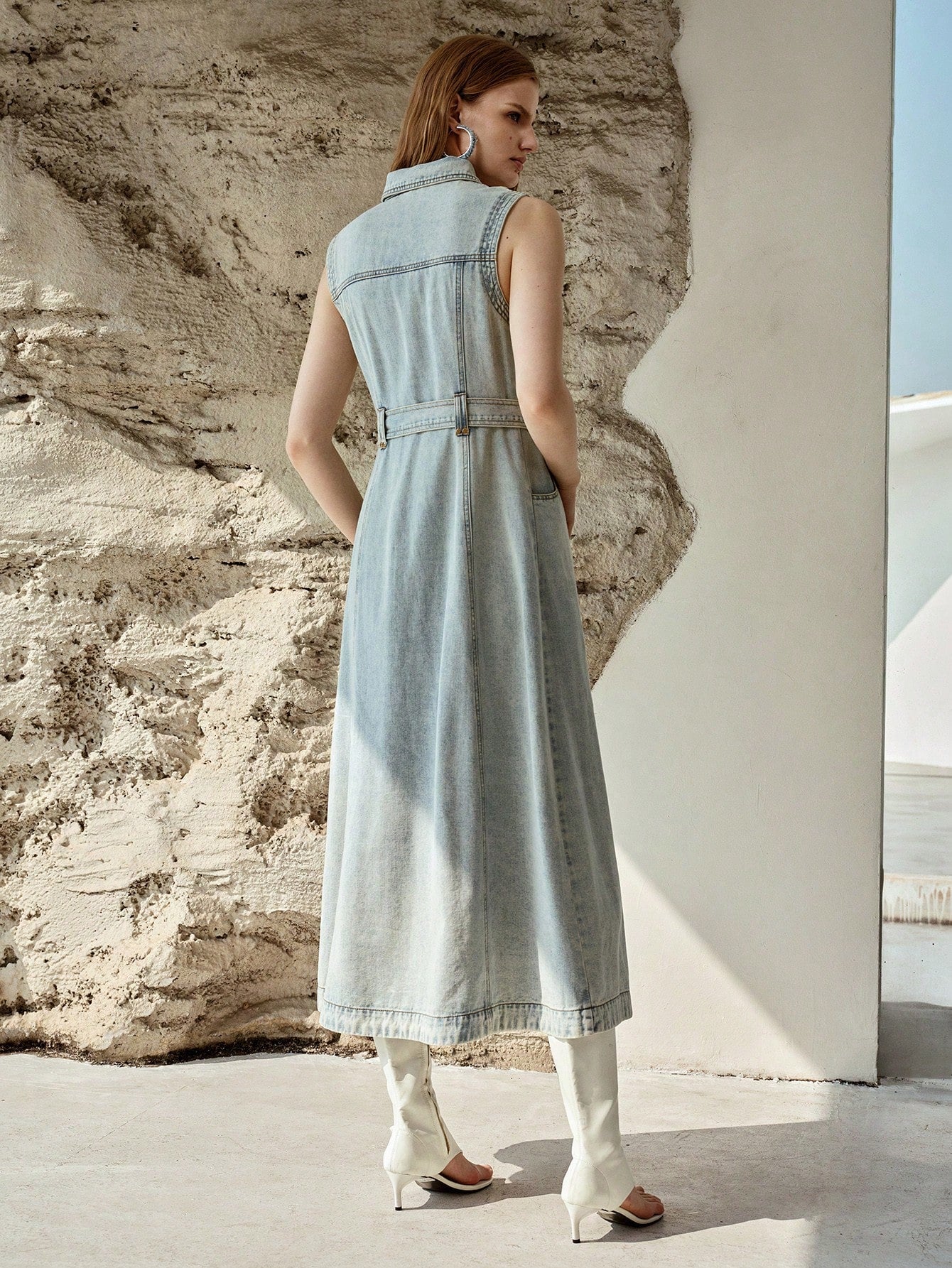 CM-DS453653 Women Elegant Seoul Style Collar Neckline Sleeveless Single-Breasted Belted Waist Denim Dress