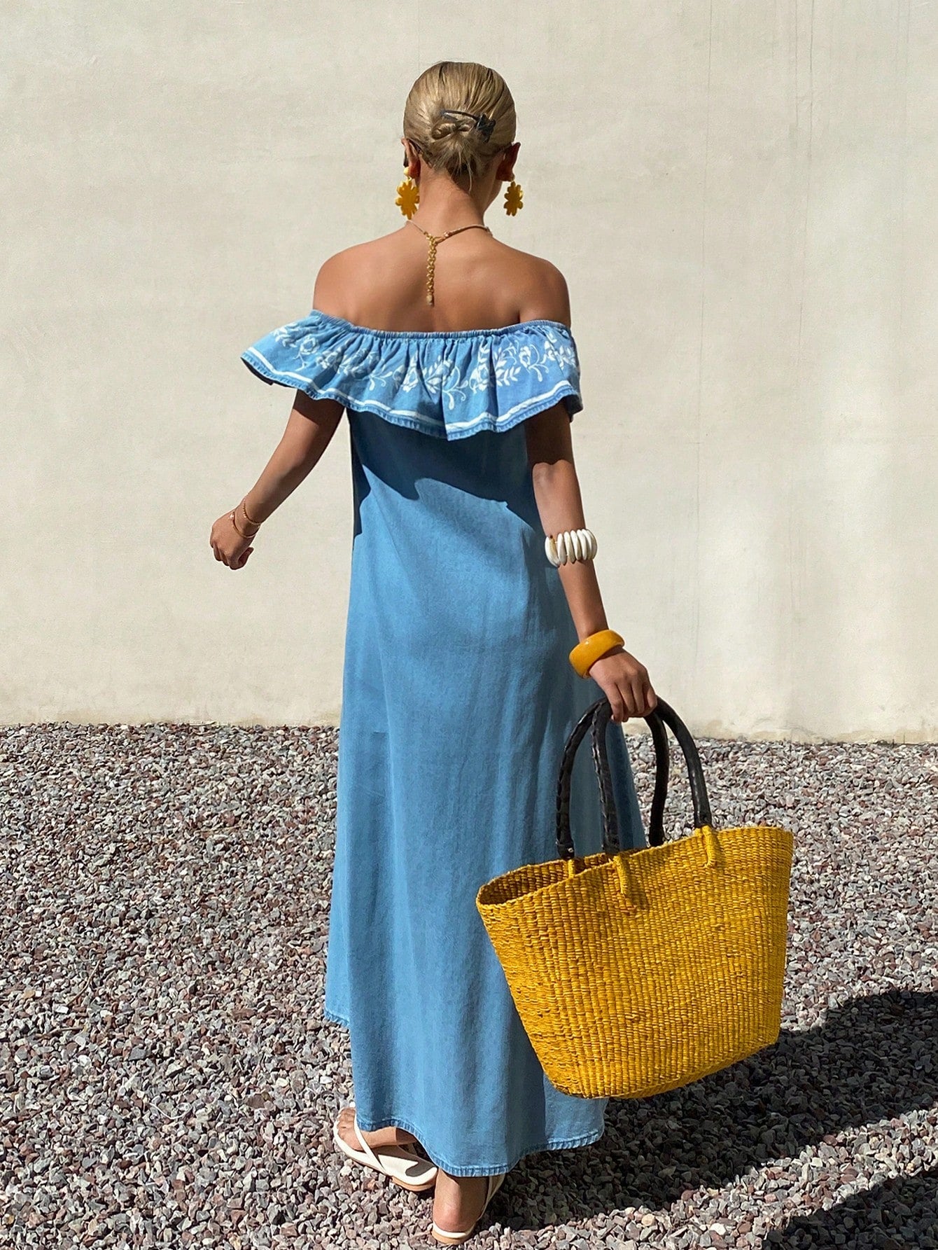 CM-DS537939 Women Casual Seoul Style Light Wash Off-Shoulder Floral Print Mid Waist Long Denim Dress
