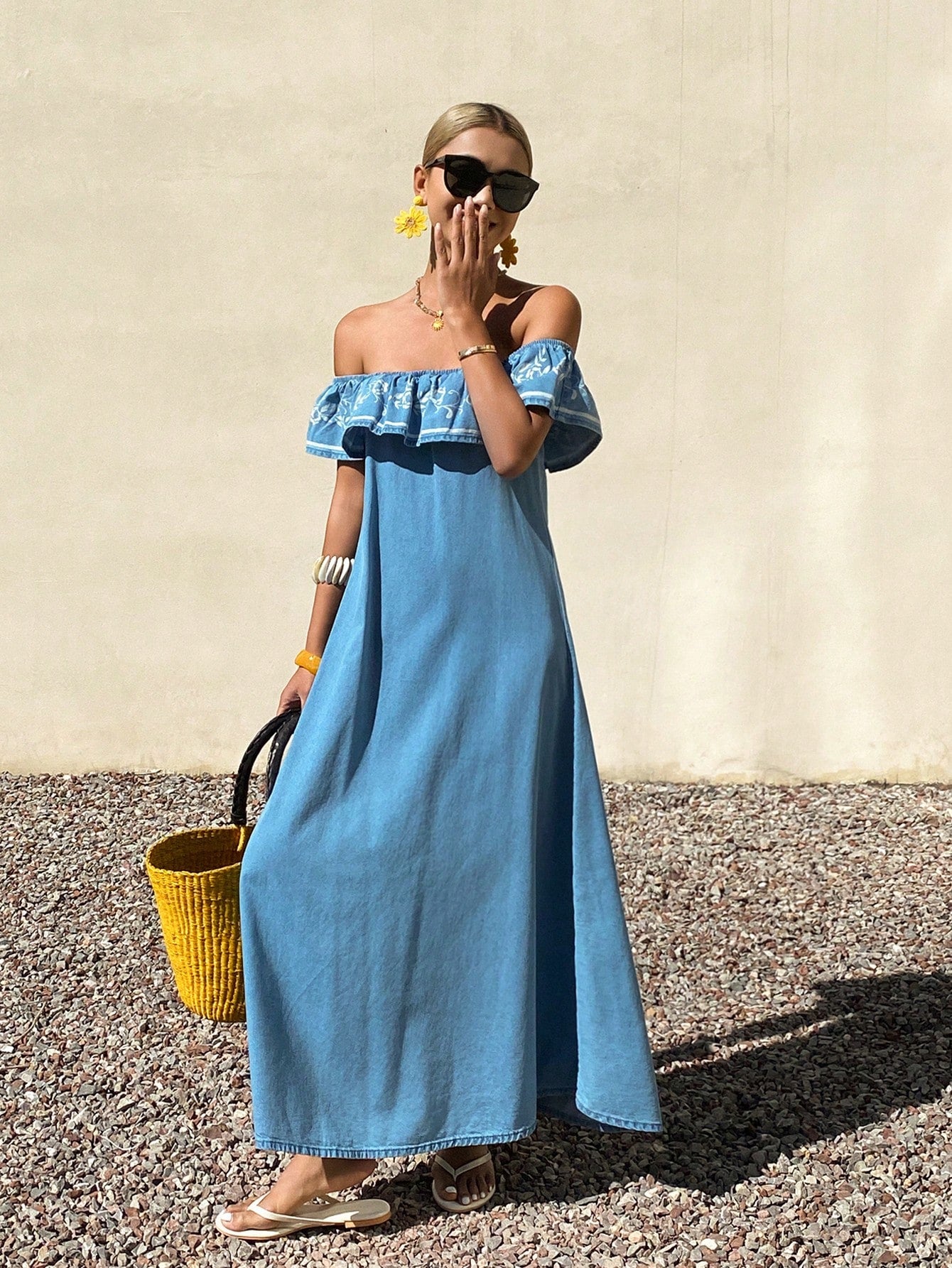 CM-DS537939 Women Casual Seoul Style Light Wash Off-Shoulder Floral Print Mid Waist Long Denim Dress