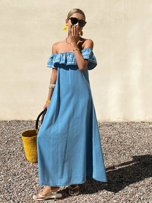 CM-DS537939 Women Casual Seoul Style Light Wash Off-Shoulder Floral Print Mid Waist Long Denim Dress