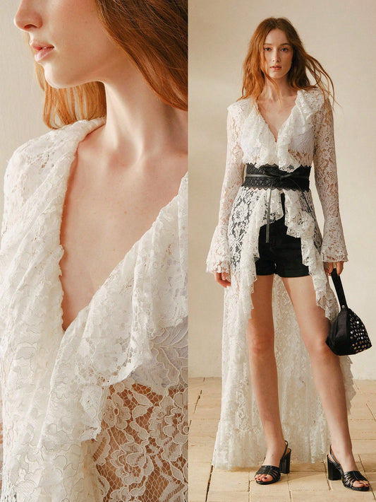 CM-TS786454 Women Elegant Seoul Style Lace Hollow Out V-Neck Long Sleeve Maxi Cover Up Top - White