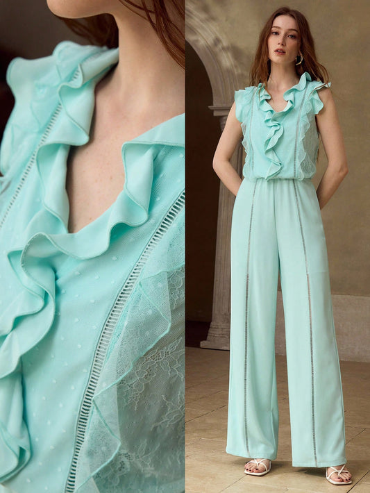 CM-JS115111 Women Elegant Seoul Style V-Neck Flounce Sleeve Ruffled Lace Trim Jumpsuit - Blue
