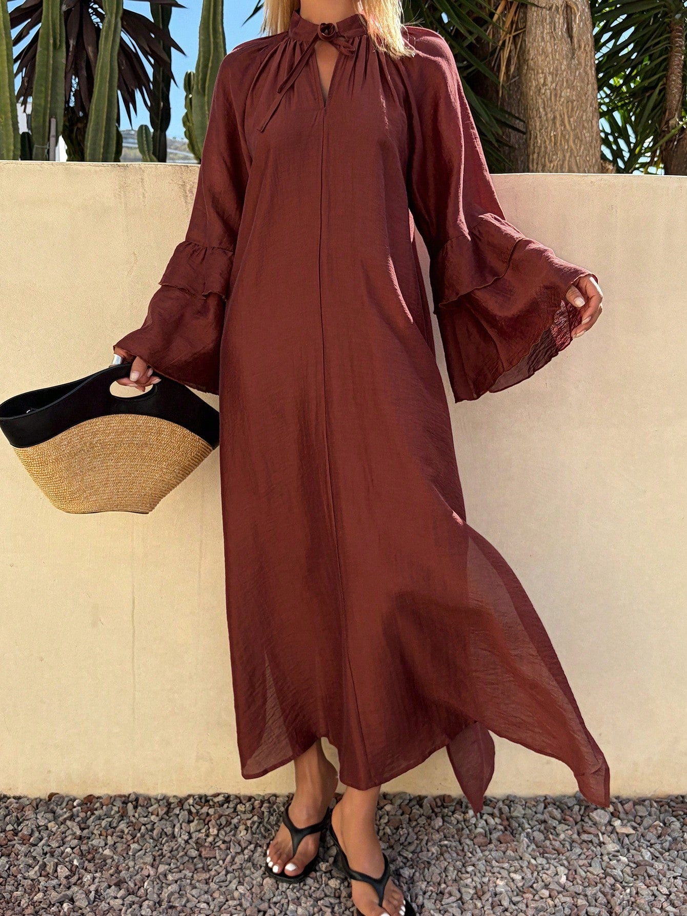CM-DS717967 Women Trendy Bohemian Style Tie Neck Raglan Sleeve Loose Midi Dress - Burgundy