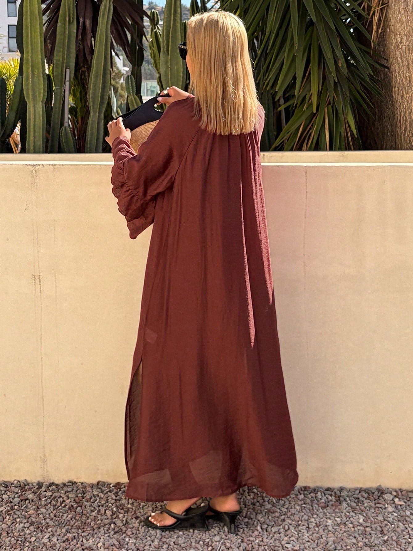CM-DS717967 Women Trendy Bohemian Style Tie Neck Raglan Sleeve Loose Midi Dress - Burgundy