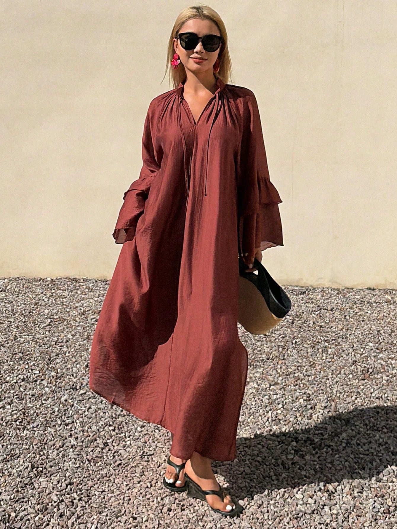 CM-DS717967 Women Trendy Bohemian Style Tie Neck Raglan Sleeve Loose Midi Dress - Burgundy