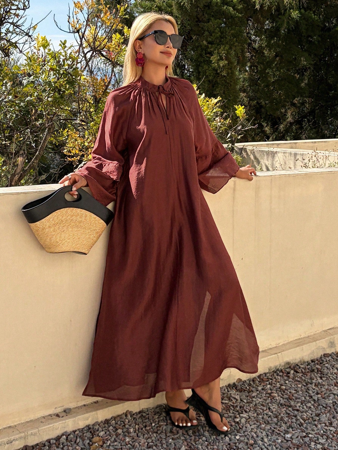 CM-DS717967 Women Trendy Bohemian Style Tie Neck Raglan Sleeve Loose Midi Dress - Burgundy