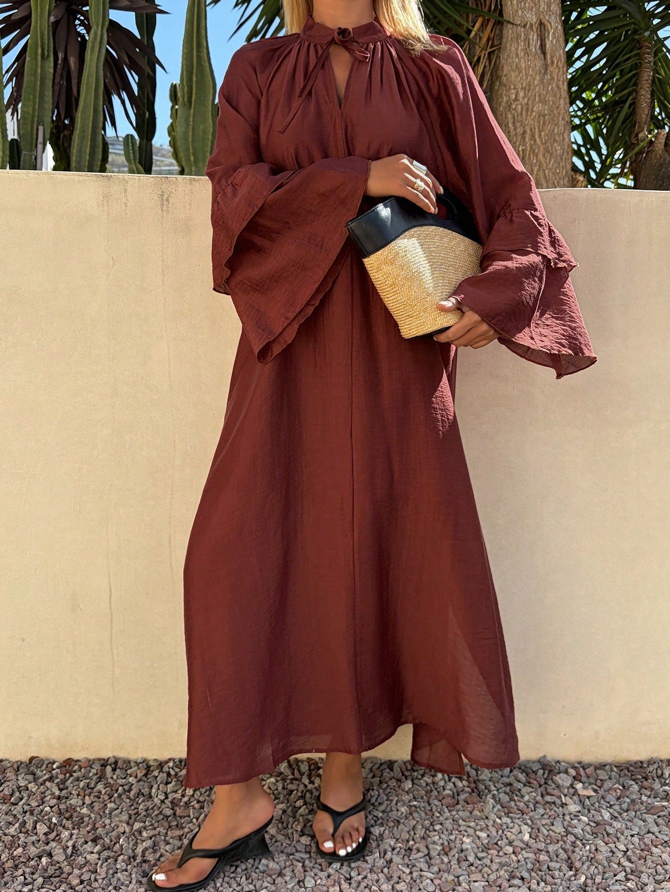 CM-DS717967 Women Trendy Bohemian Style Tie Neck Raglan Sleeve Loose Midi Dress - Burgundy