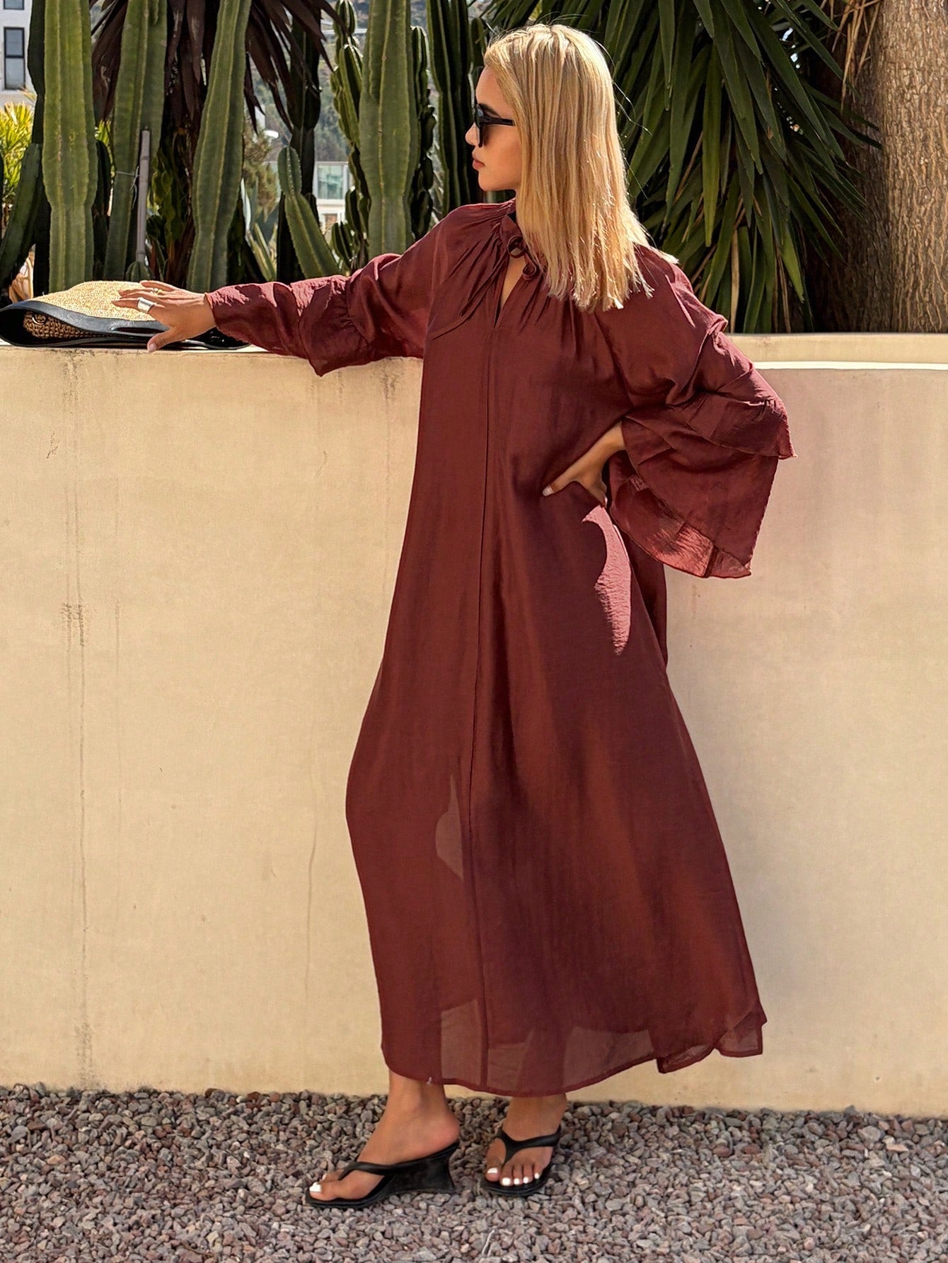 CM-DS717967 Women Trendy Bohemian Style Tie Neck Raglan Sleeve Loose Midi Dress - Burgundy