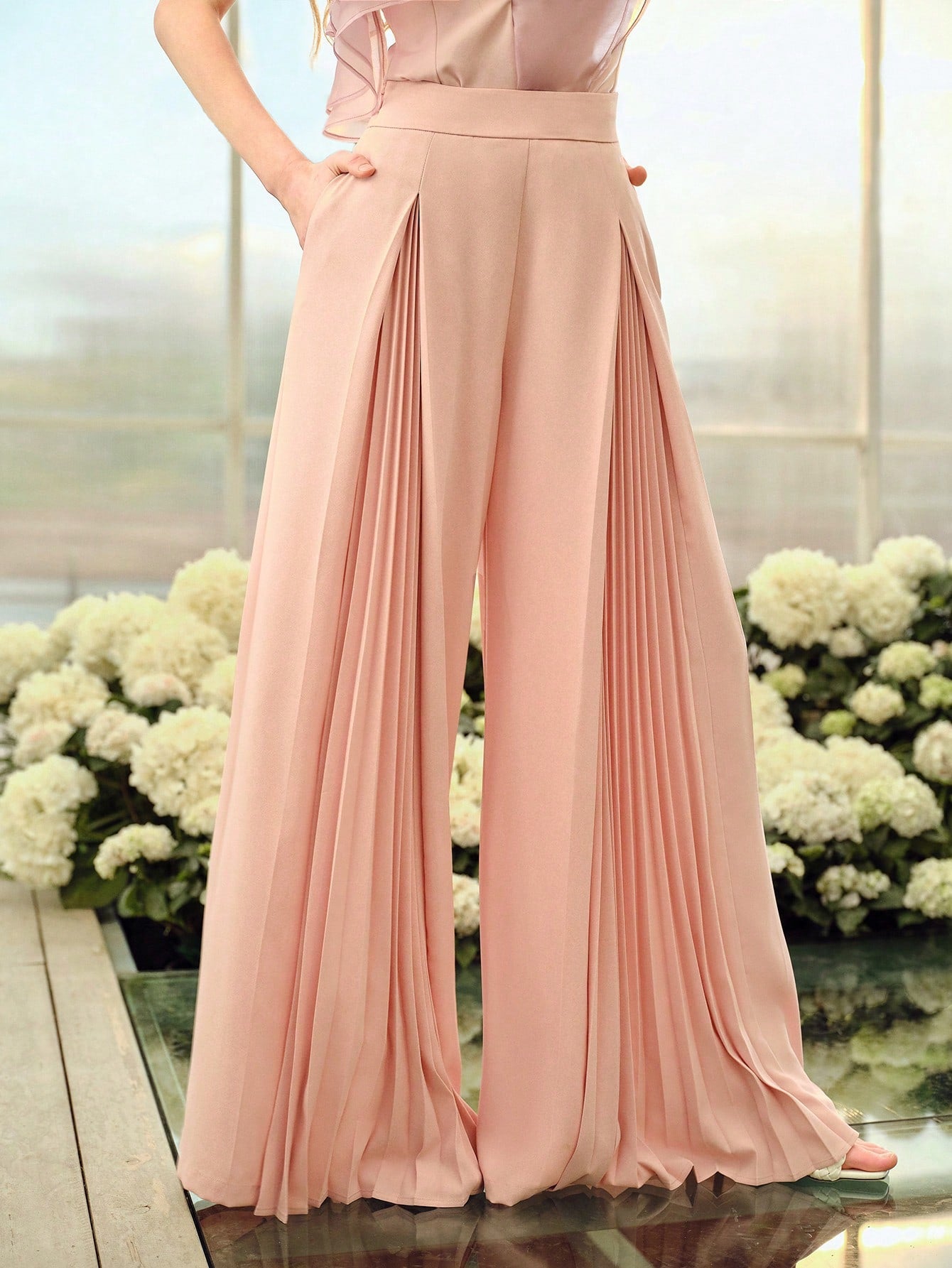 CM-BS914411 Women Elegant Seoul Style Mid Waist Pleated Wide Leg Pants - Dusty Pink