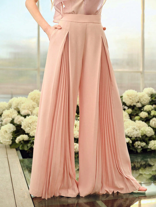 CM-BS914411 Women Elegant Seoul Style Mid Waist Pleated Wide Leg Pants - Dusty Pink
