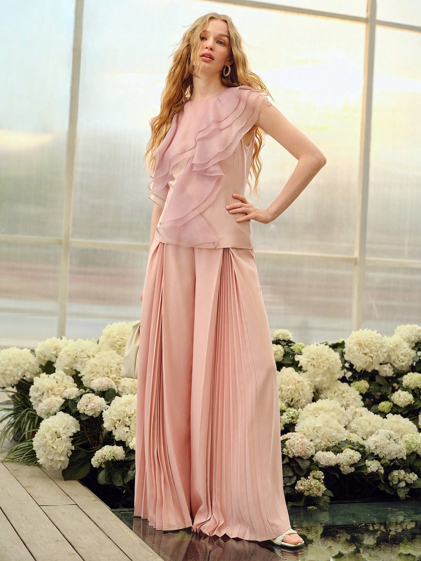 CM-BS914411 Women Elegant Seoul Style Mid Waist Pleated Wide Leg Pants - Dusty Pink