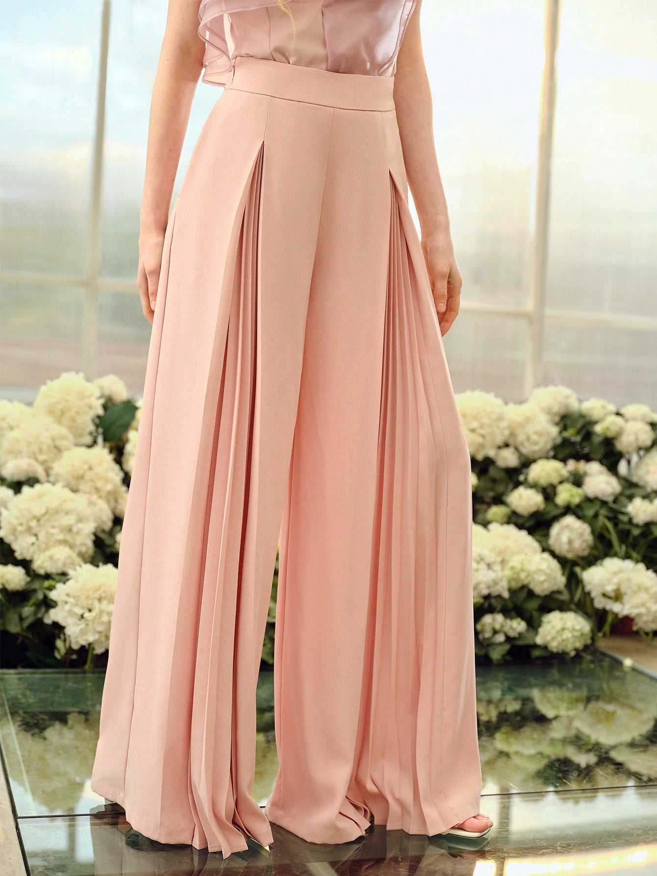 CM-BS914411 Women Elegant Seoul Style Mid Waist Pleated Wide Leg Pants - Dusty Pink